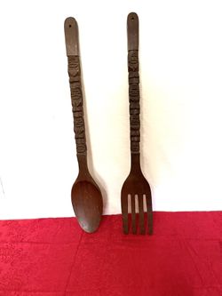 Large vintage, tiki, spoon and fork set 36” tall
