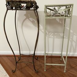 Ornate Iron and Wicker/Flower Mint Antique Green Plant Stands