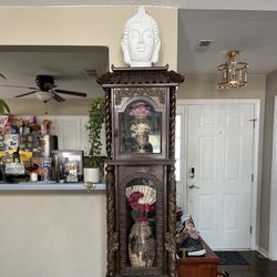Asian Dragon Grandfather Clock Case Large Buddha Head Figurine Statue and Vintage Asian Vases