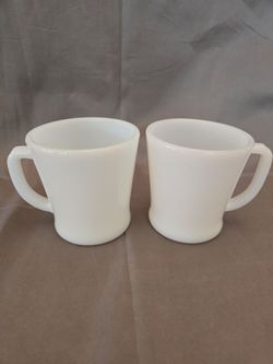 2 Vintage FIRE KING WHITE COFFEE Mugs. Same Mug Different Markings Both Fireking