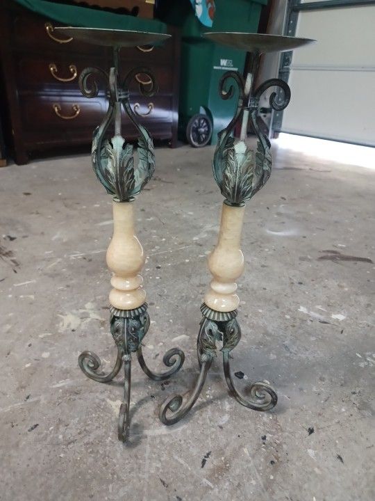 2 Brass And Ivory Candle Holders