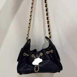 Classic Black Quilted Leather Chain Shoulder Bucket Purse