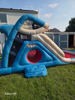 Shark pool with slide and bounce house.
