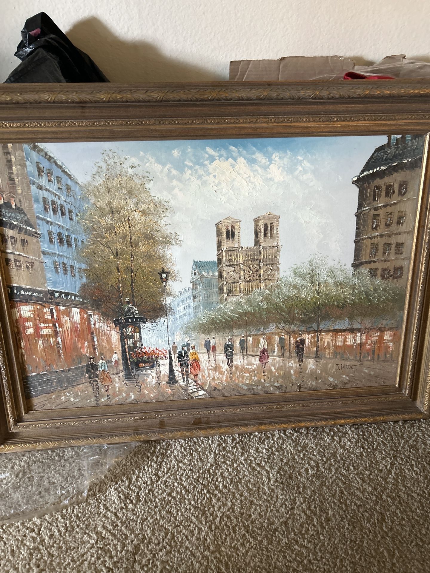 Pair of Oil Paintings by J. Bardot – Paris Street Scene / Notre Dame – 24x36 Framed
