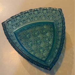 Vintage Daisy And Button Blue Triangular Bowl 6.5” Wide By Wright Glass, L G~ Candy Dish
