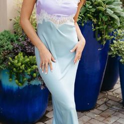 Anna Grace Satin Midi Dress Turquoise Purple Lace Detail Adjustable Straps Size M NWT