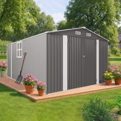 10x14 FT Outdoor Metal Storage Shed, Durable Garden Shed with Three Lockable Doors and Clear Window for Backyard, Patio, Garden, All-Weather Shelter f