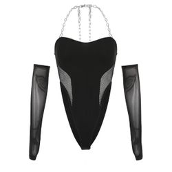 Black mesh patchwork chain on neck bodysuit