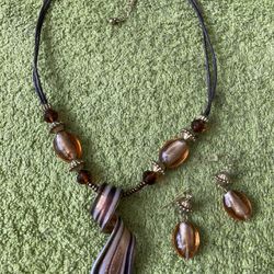 Melded Glass Feature And Acrylic Bead  Novelty Necklace And Earring Set $5.00