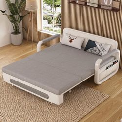 62.2" W Convertible Pull-Out Sleeper Sofa Couch with Storage Folding Futon Loveseat with Smooth Foldable Mechanism, Side Pocket, Metal Frame, for Livi