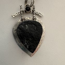 Tektite, Black Zircon Stone & Sterling Pendant on Chain, marked .925 