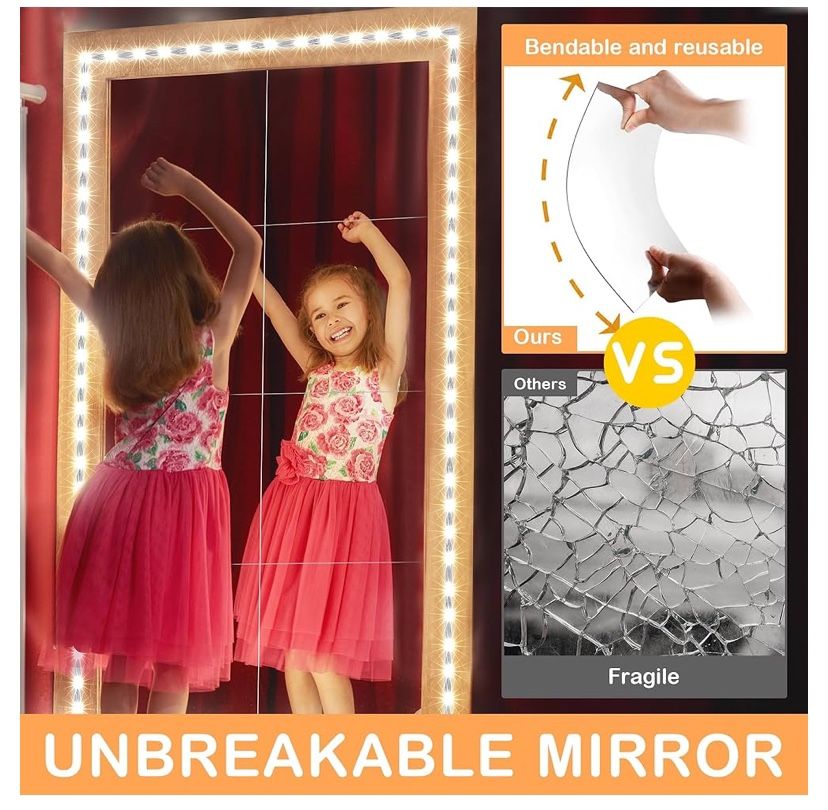 Thick Wall Mirror Kit】: A set of 8"x 8" 8 Pcs high strength acrylic wall mirrors and 6.5 ft/ 2 M Light string with dimmer controller, each mirror tile
