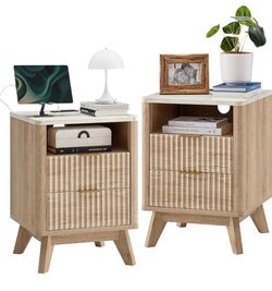 T4TREAM 18" Fluted Nightstand with 2 Drawers Set of 2, Natural Oak