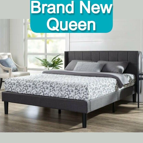 Brand New Queen Size Upholstered Platform Bed Frame with Wingback Headboard