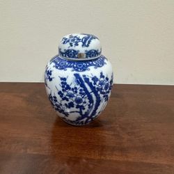 Vintage Blue White Cherry Blossom Ginger Jar Porcelain Chinoiserie Style