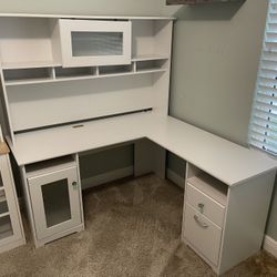 White Corner Desk with Hutch and Tall Cabinet 