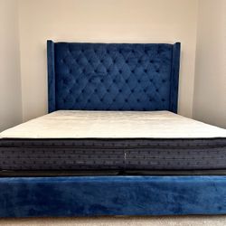 Blue Velvet King Size Bed Frame With Mattress 