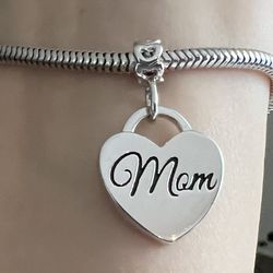 Charm For Pandora 925 Sterling Silver MOM Dangle The Red Heart On Back Side