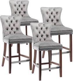 Virabit Counter Height Bar Stools Set of 4, 27" Wingback Velvet Bar Stools with Button Back and Nailhead Trim, Upholstered Bar Chairs with Wooden Legs