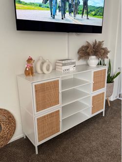 White TV Console / Media Cabinet with Rattan Doors