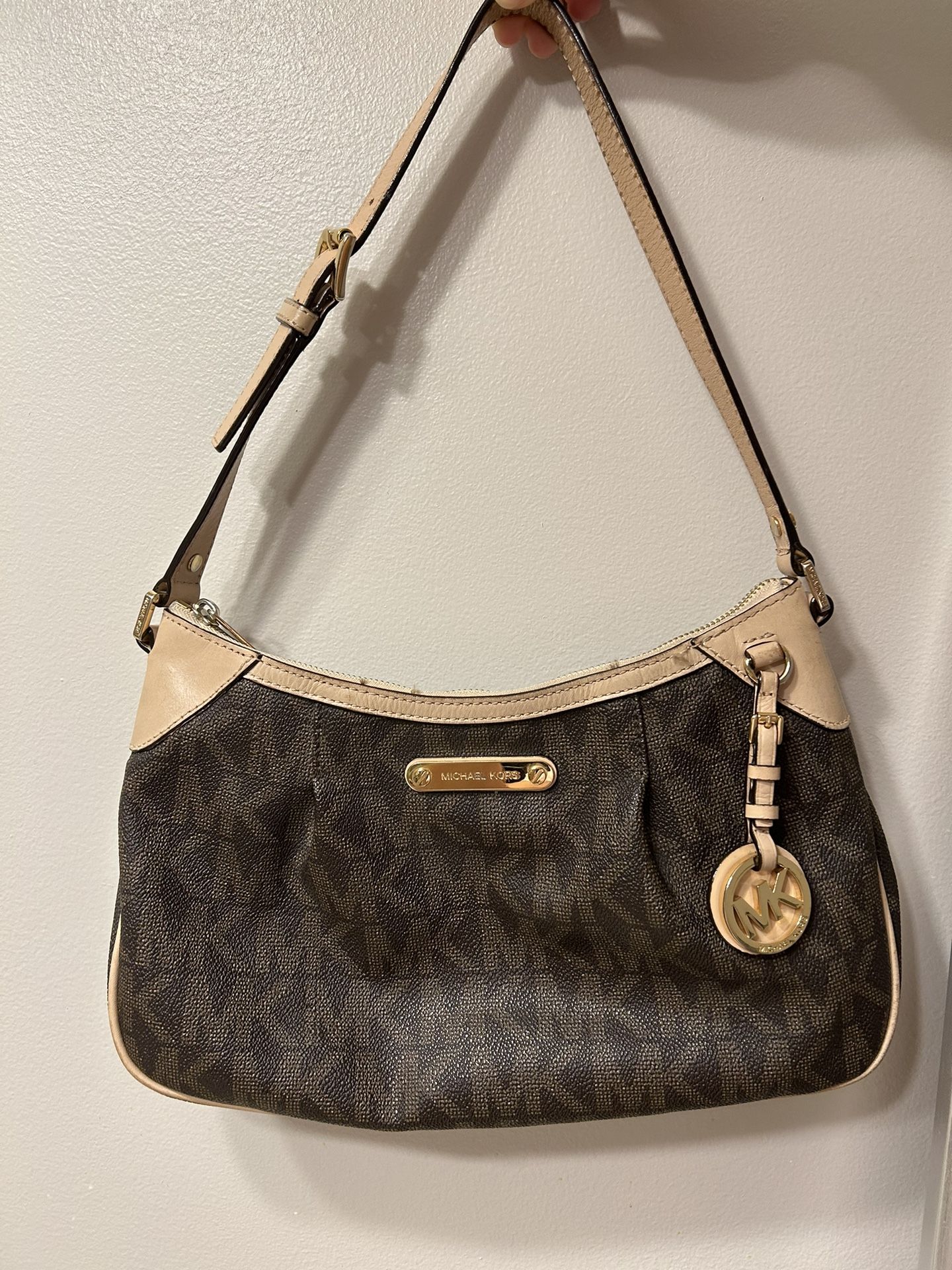 Michael Kors Brown & Tan Signature Small Shoulder Bag Handbag Goldtone Hardware