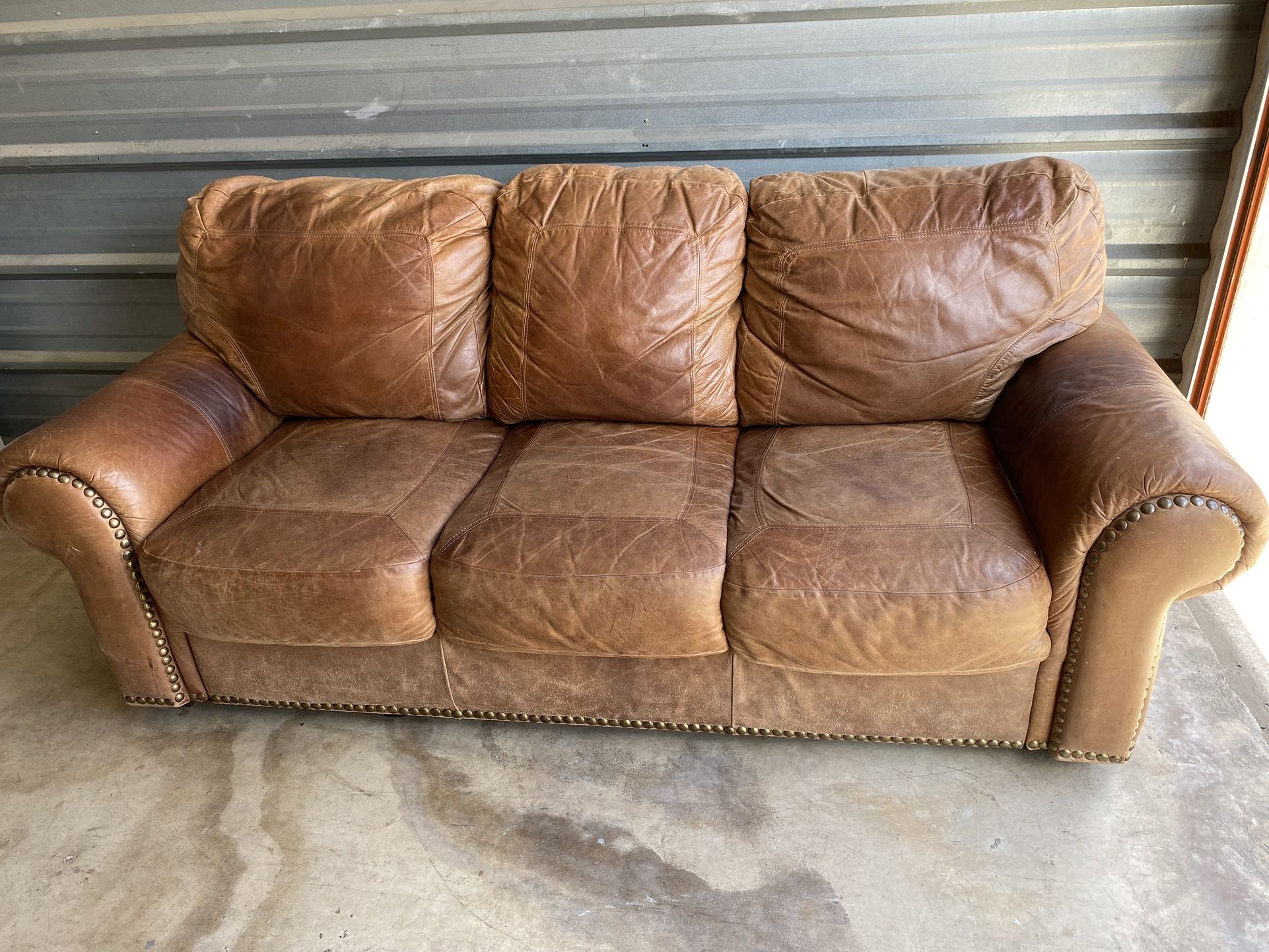 Real Leather Sofa With Rustic Look And Brass Studs for Sale in Alamo