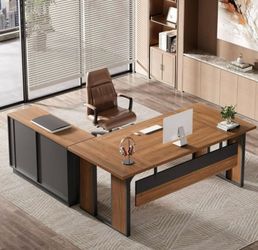 F2111AB 63-Inch Executive L-Shaped Desk with 47-Inch File Cabinet: Large Computer Desk with Storage Drawers and Shelves, Wood Home Office Furniture Se