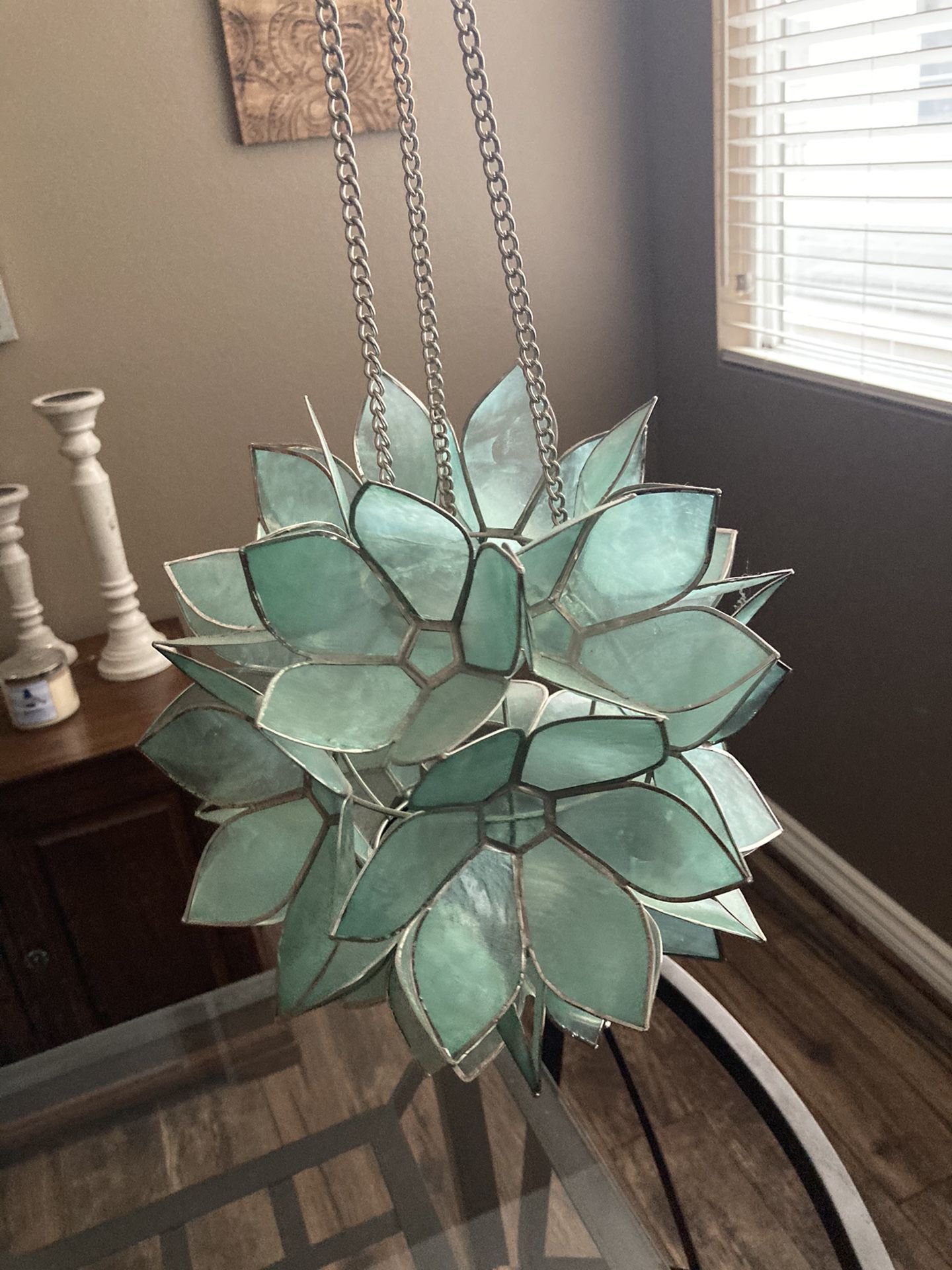 Turquoise Stained Glass Flower Hanging Candle Holder