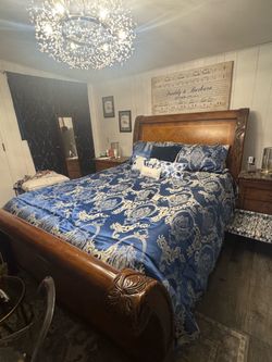 Wood Sleigh Bed Frame with Carved Details