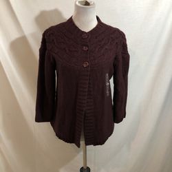 St. John’s Bay “Night Burgundy” Button Up Cable Knit Cardigan - Womens L, NWT, bust 20.5”, length 23”