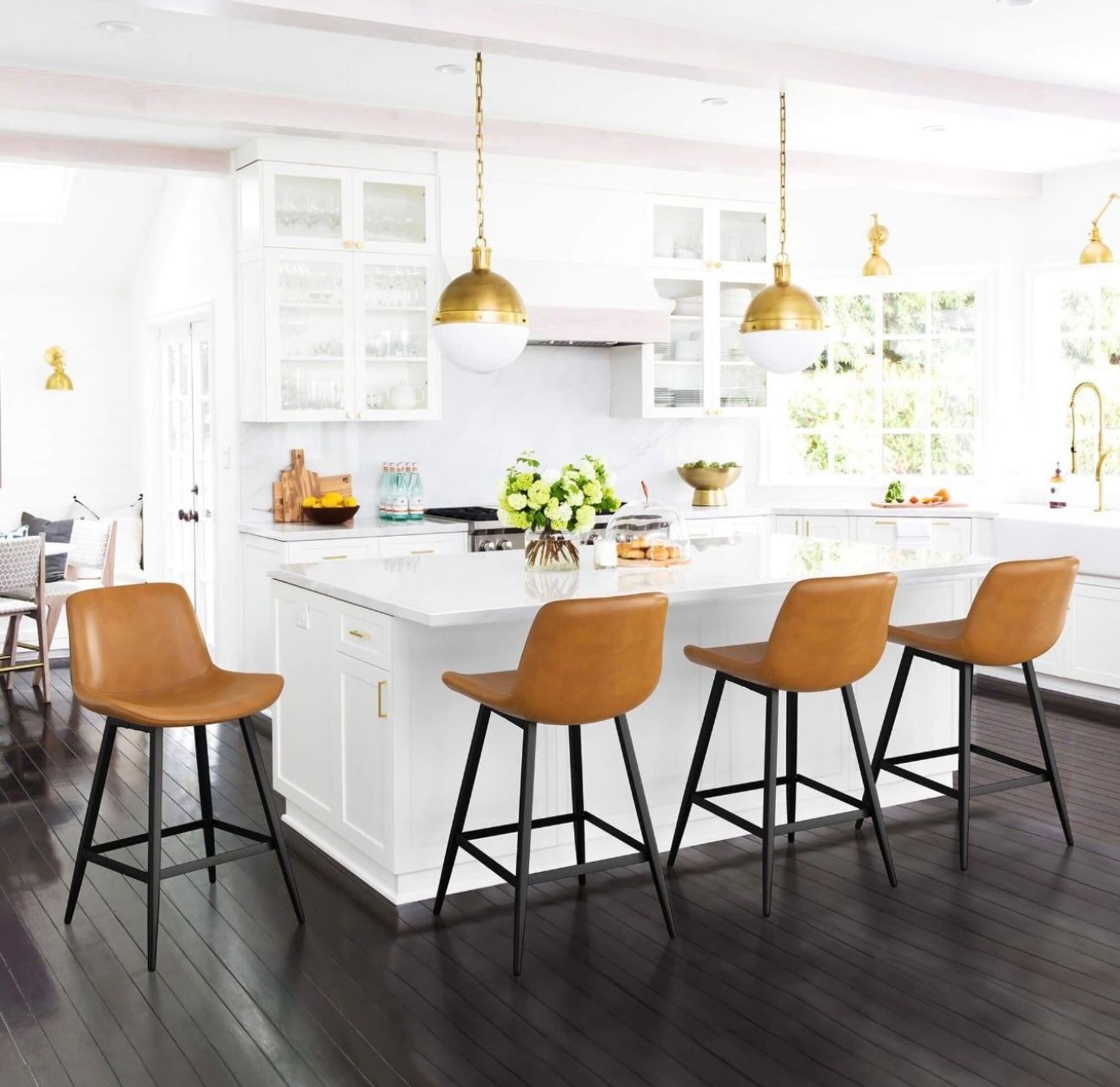 Counter Height Stools. Faux Leather Performance Material in Whiskey Brown