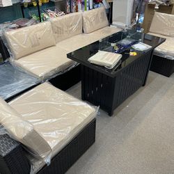 Large Patio Set With Glass Top Table Fire pit New Fully Assembled 