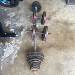 180 Lbs Of Standard Weights With Barbell And Dumbbells 
