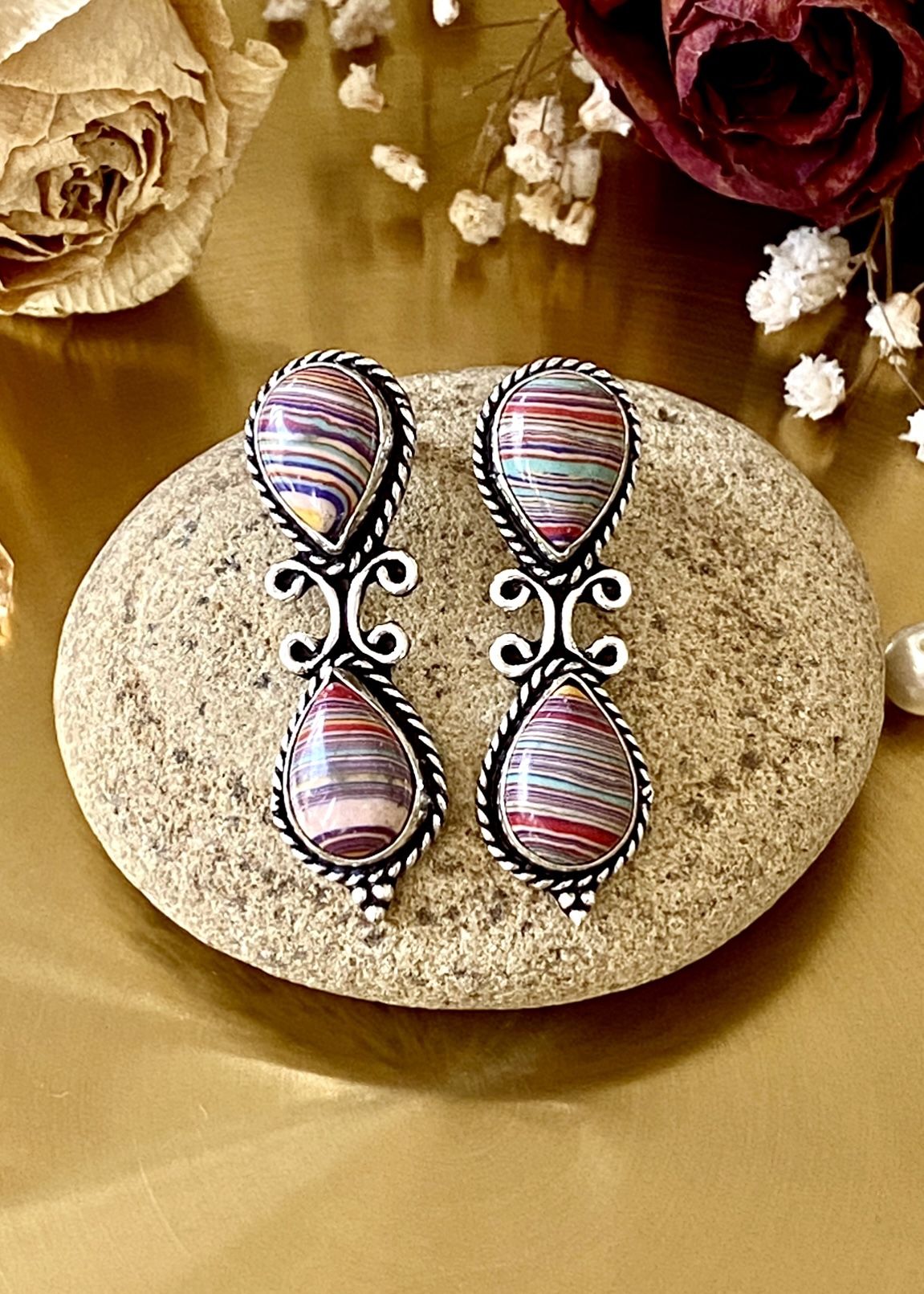 Rainbow Calsilica 925 Sterling Silver Overlay Stud Earrings