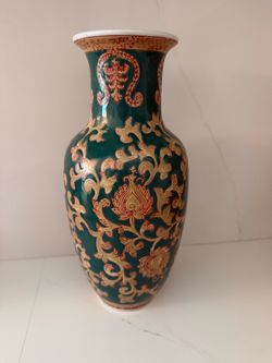 Teal & Cream Decorative Ceramic Vase. Asian Inspired Floral Design