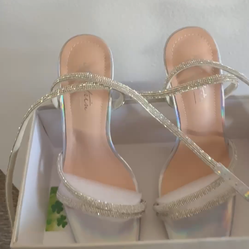 Silver rhinestone long strap heels. Size 6.