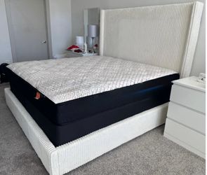 NEW IN BOX- 7FT Tall Beige Platform Bed Frame King Size with LED lights