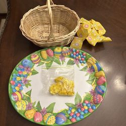 Easter Basket , Bunnies, Bow And Platter 
