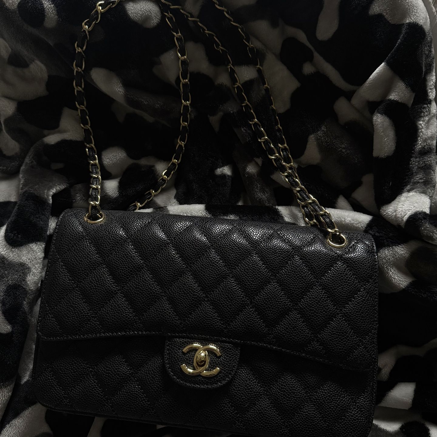 Authentic Chanel Black Quilted Caviar Medium Classic Double Flap Bag