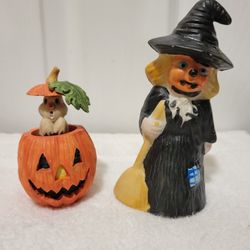 Halloween Decor Rabbit Pumpkin Jack O Lantern and Witch With Broom