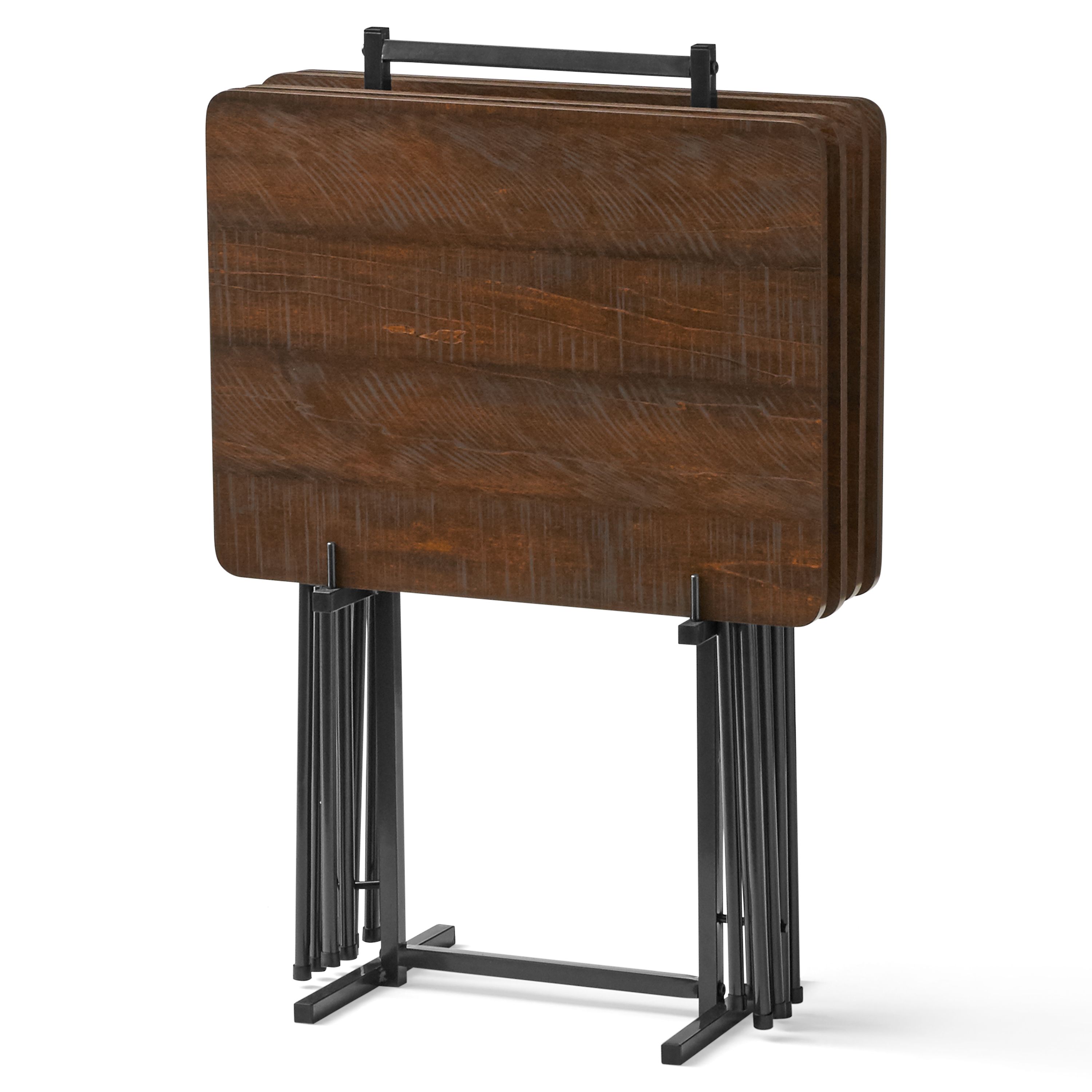 BRAND NEW FOLDING TRAYS TABLE SET, 5-PIECE WITH STAND, Sawcut Brown, DURABLE TV TRAYS