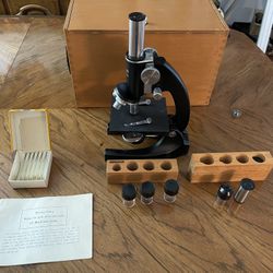 Vintage Monoluxe No. 702465 Microscope with Storage Box, Samples, Lenses, Specimen Jars, Etc.