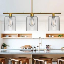 3-Light Gold Modern Kitchen Island Pendant Light Fixtures, Linear Hanging Light Chandelier Clear Glass Shade