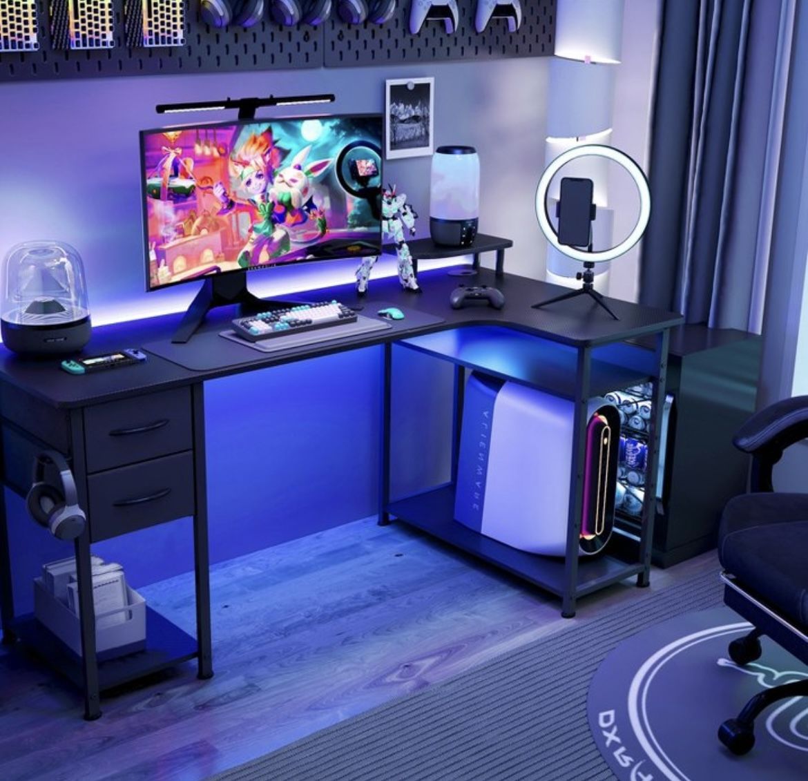 GTRACING 51" L-Shaped Gaming Desk with 2 Drawers, Adjustable Shelf Height, Carbon Fiber Office Computer Desk