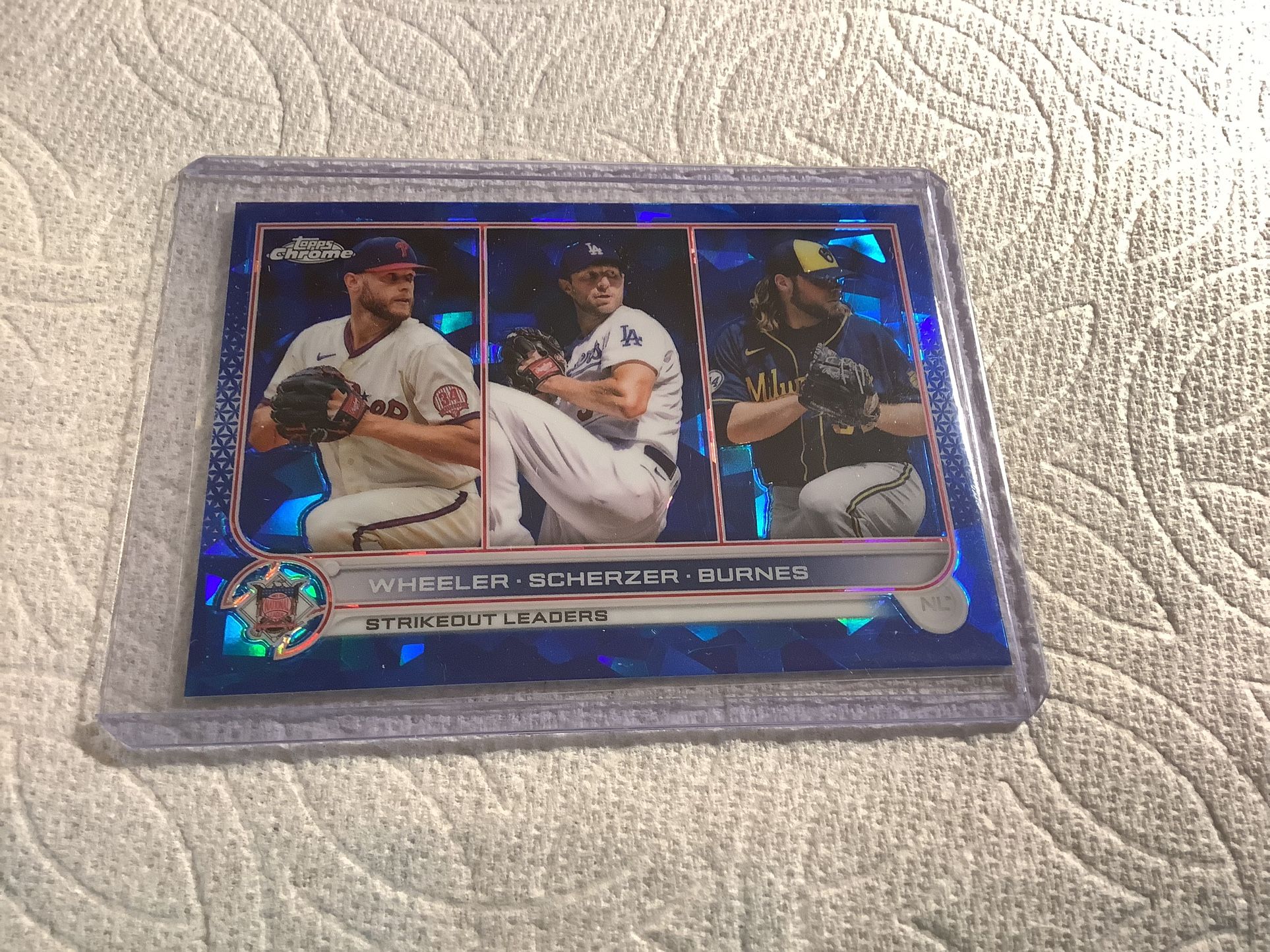 2022-23 Topps Chrome Sapphire Strikeout Leaders Wheeler, Scherzer And Burnes #127