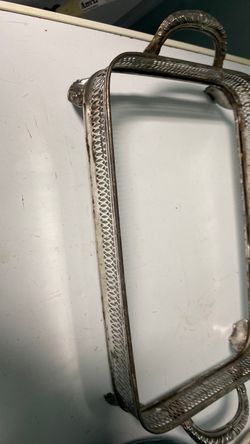 Vintage silver plated casserole dish holder ornate design with handles and fancy legs