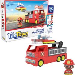 TILE TOWN Firetruck Magnetic Tiles Building Vehicle Playset With Lights & Sounds + Figure, Kids 3-5+, New ACTION TILES for Action Play, Realistic Buil