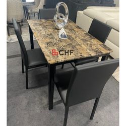 5 Pc Faux Marble Top Dining Table Set 