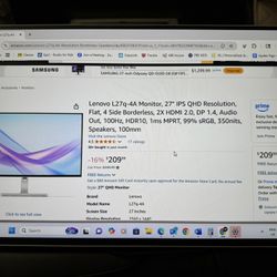 Lenovo L27q-4A Monitor, 27" IPS QHD Resolution, Flat, 4 Side Borderless, 2X HDMI 2.0, DP 1.4, Audio Out, 100Hz, HDR10, 1ms MPRT, 99% sRGB, 350nits, Sp
