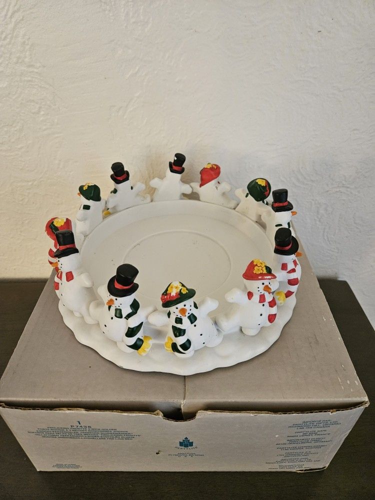 Partylite Ceramic Snowmen Frolocking Frostys Candle Holder
